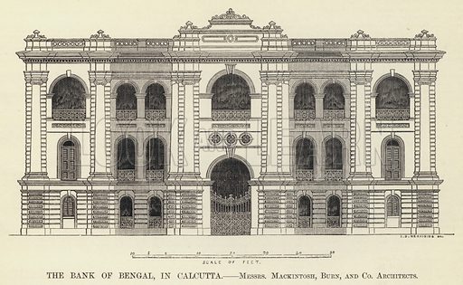Architectural illustration of the Bank of Bengal building, Calcutta, by Mackintosh, Burn and Co., published in The Builder, 9 January 1858