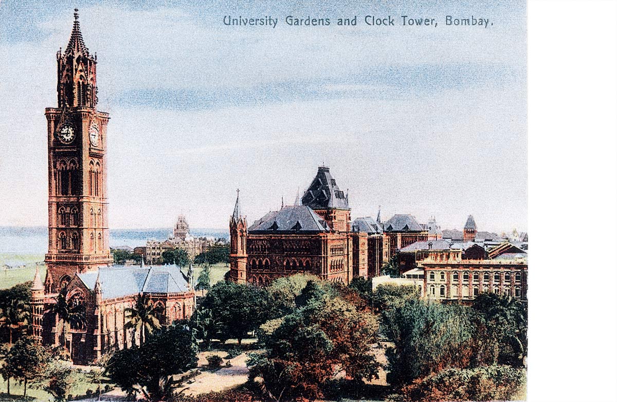 Colour postcard of about 1903 showing the University Gardens and the Rajabai Clock Tower, Bombay