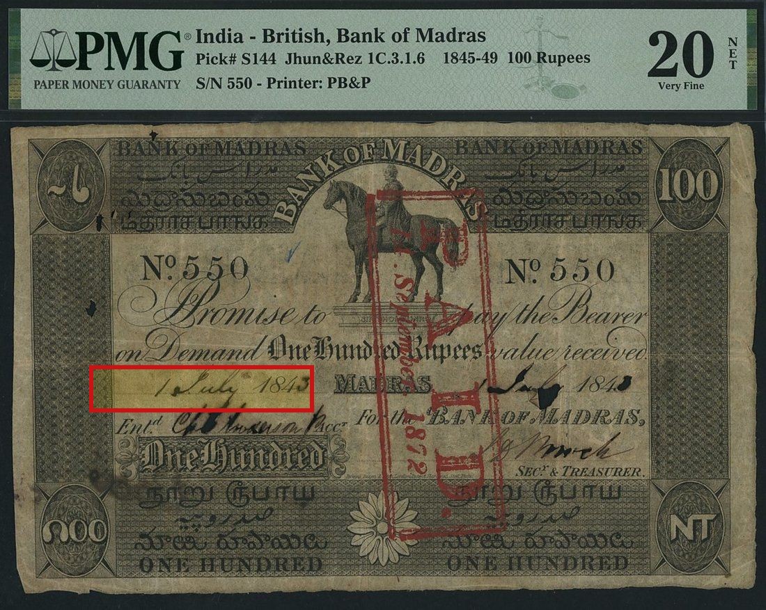 Bank of Madras 100 Rupees Plate Type 1 with the printed 184X date highlighted
