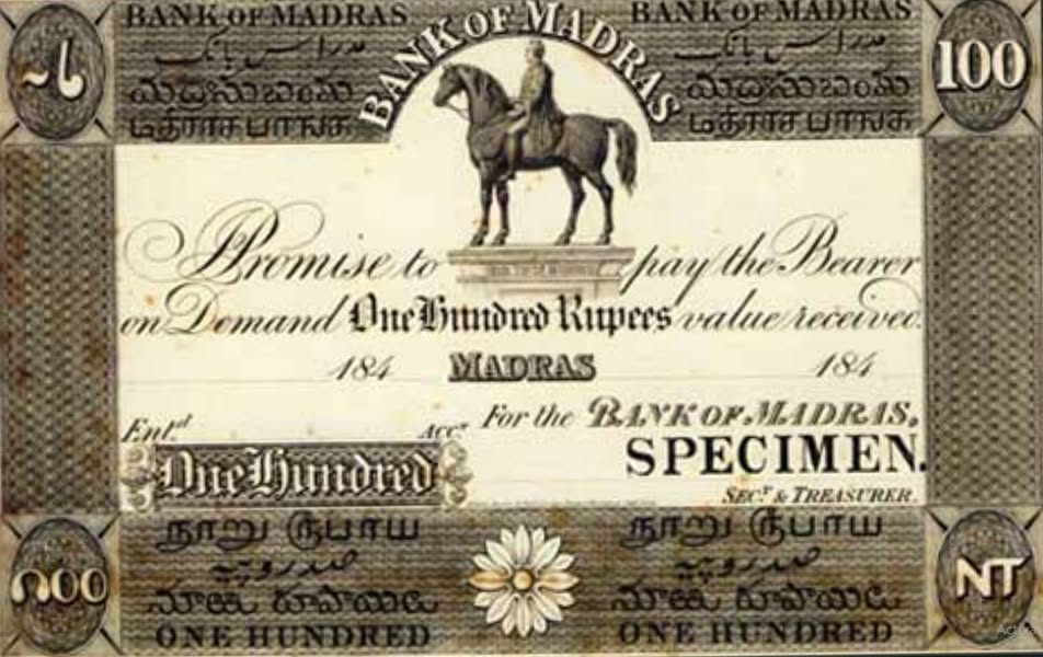 Bank of Madras 100 Rupees SPECIMEN, blank 184 date, printed SPECIMEN in place of signature