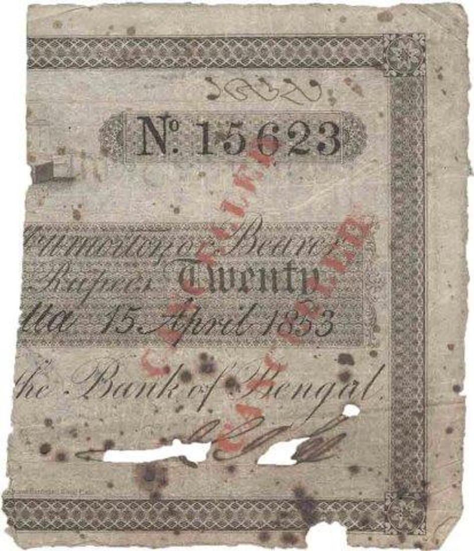 Bank of Bengal 20 Sicca Rupees half note, serial 15623, with accompanying correspondence