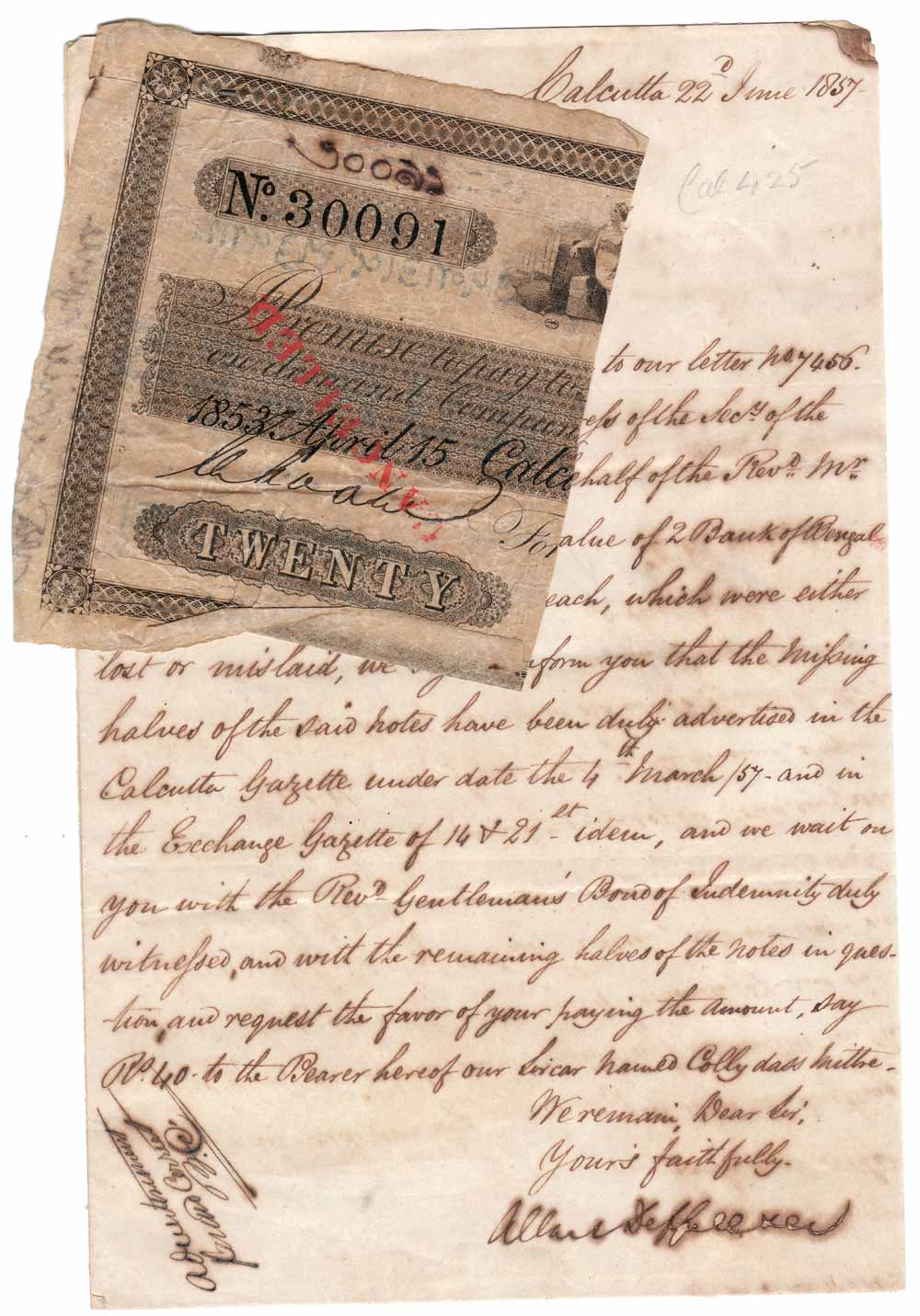 Two cancelled Bank of Bengal half-notes of Rs 20 dated 15 April 1853, with the holder's 1857 letter to the Bank asking to redeem them