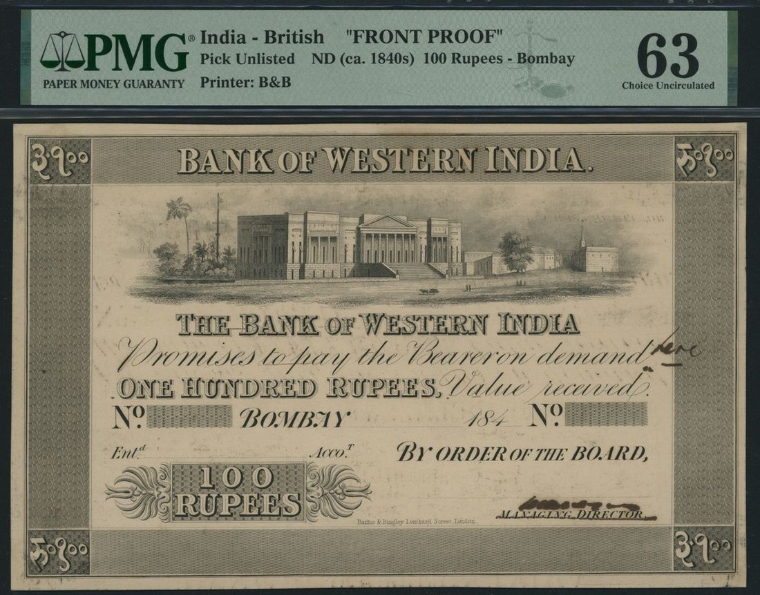 Bank of Western India 100 Rupees front proof, discovery note, Bombay, PMG 63