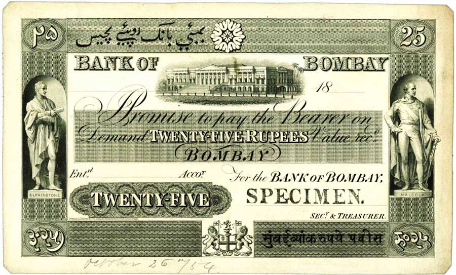 Bank of Bombay 25 Rupees Type 2 specimen on card, date field blank, with a pencil annotation in the lower margin